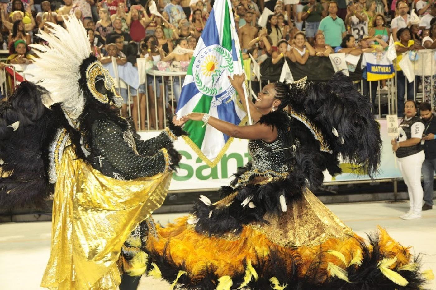 Mestre sala e porta bandeira desfilando na avenida #paratodosverem