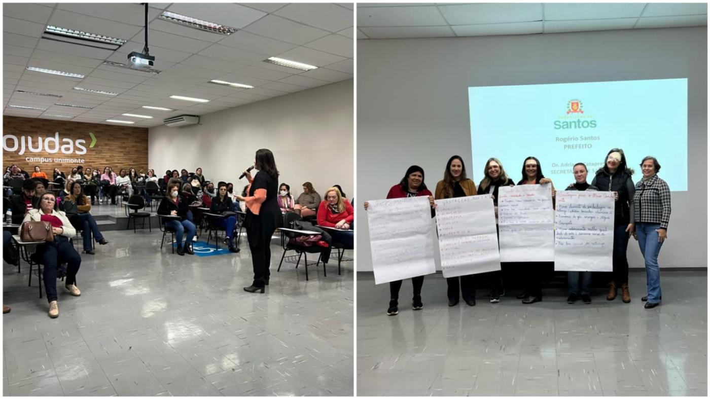 palestrante falando em classe cheia e mulheres segurando cartazes com telão ao fundo #paratodosverem