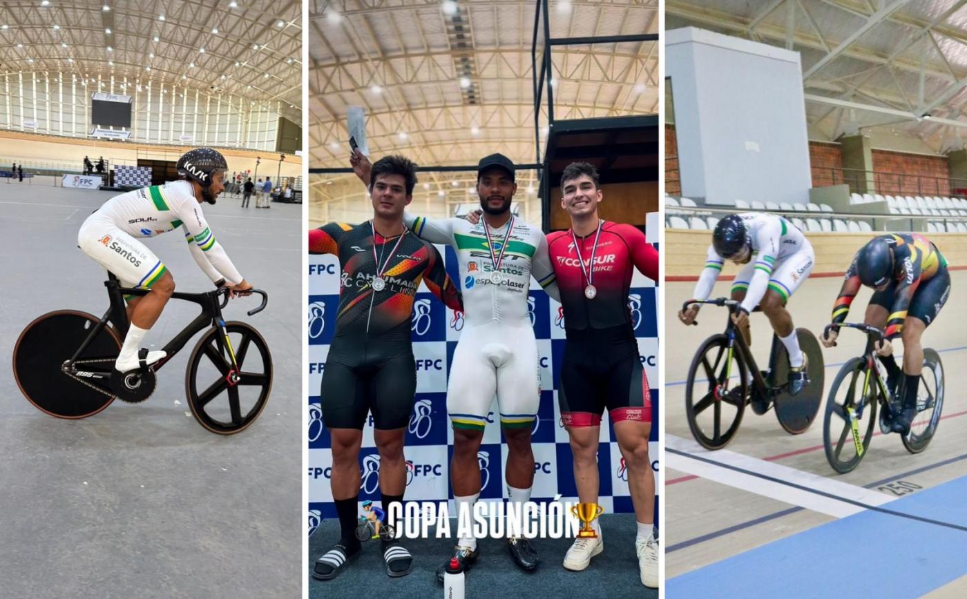 colagem de fotos que mostra o campeão no pódio e nas competições #paratodosverem