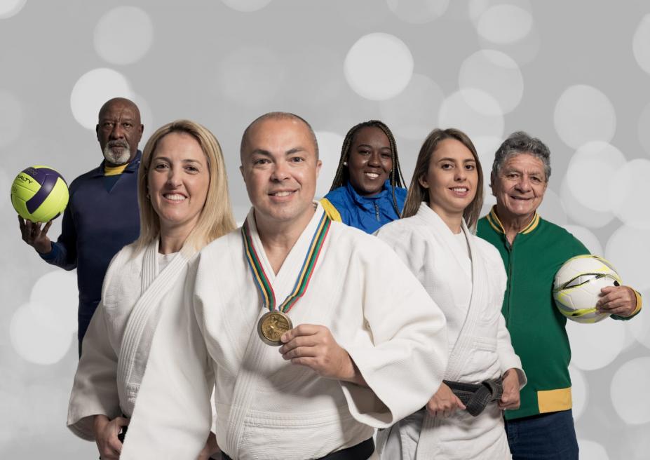 Montagem com vários atletas olímpicos em um fundo branco. #paratodoverem