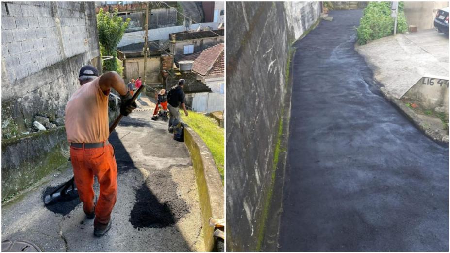 primeira imagem homens trabalhando, na segunda via asfaltada #paratodosverem