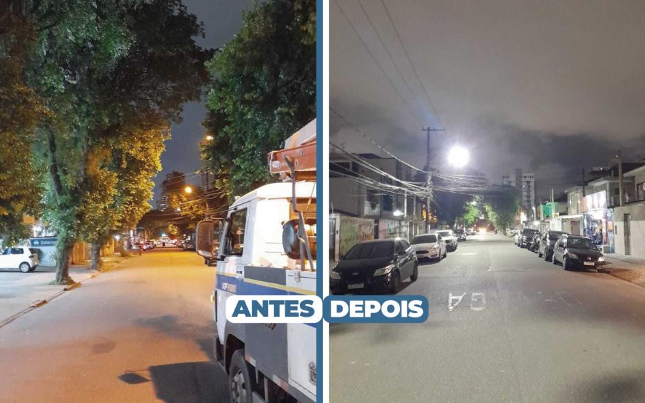 montagem mostra antes e depois da nova iluminação #paratodosverem 