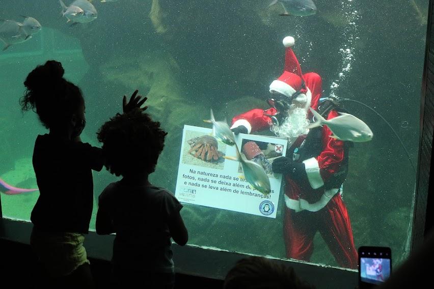 papai noel dentro do aquário exibe papel com mensagem e crianças observam #paratodosverem