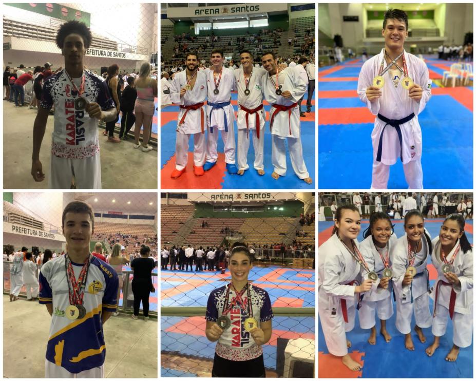 mosaico de atletas santistas posando com medalhas. São seis quadros de fotos, sendo quatro individuais e duas coletivas. #paratodosverem