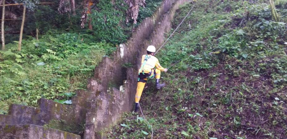 Homem escala morro realizando capinação. #paratodosverem