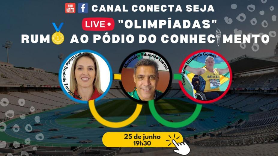 imagem dos convidados - Dani Zangrando, Educardo Leonel e Beth Gomes. As imagens dos rostos estão dentro dos círculos olímpicos. #paratodosverem