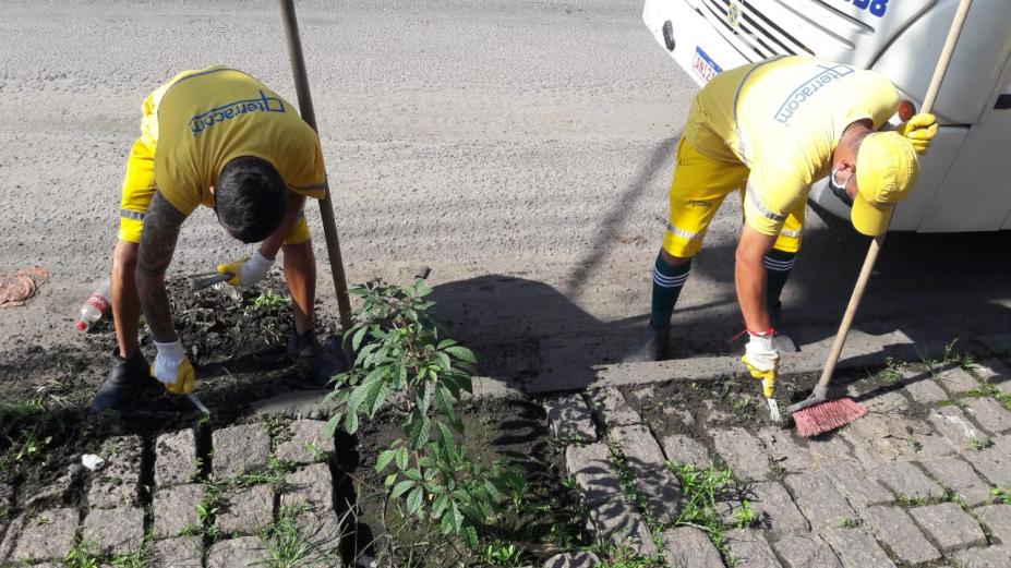 dois operários capinando o solo #paratodosverem  