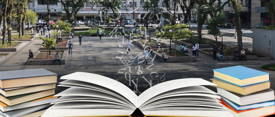 foto da praça mauá ao fundo, com arte de livros abertos e fechados em primeiro plano. #paratodosverem