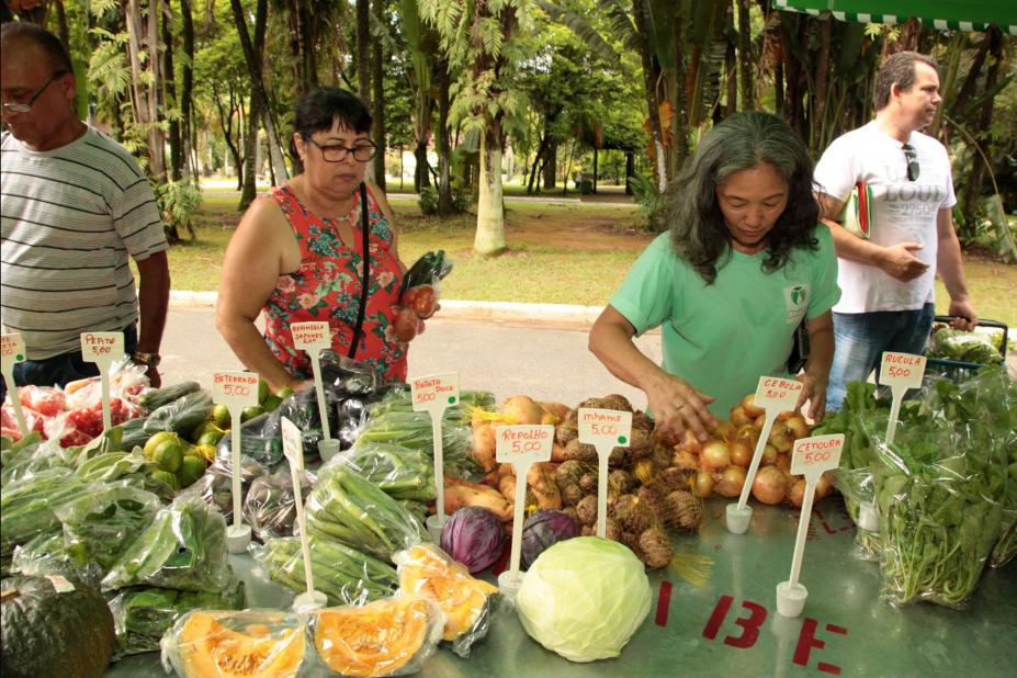 duas mulheres olham produtos expostos #pracegover 