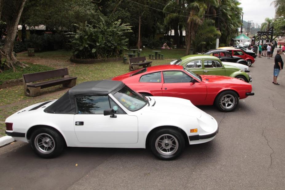 carros antigos parados e expostos em parque. #paratodosverem