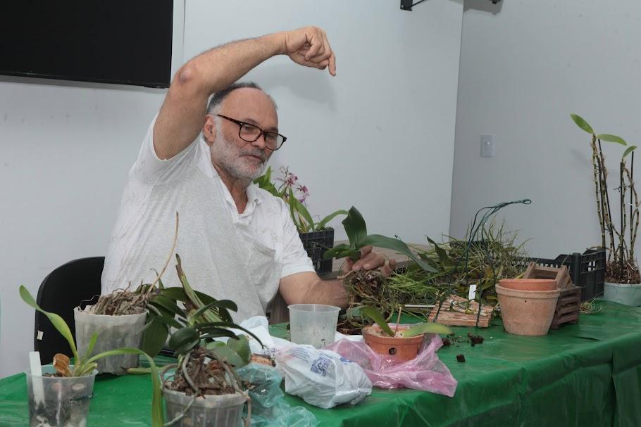 homem está sentado atrás de uma mesa com várias mudas de orquídeas e vasos. #paratodosverem 