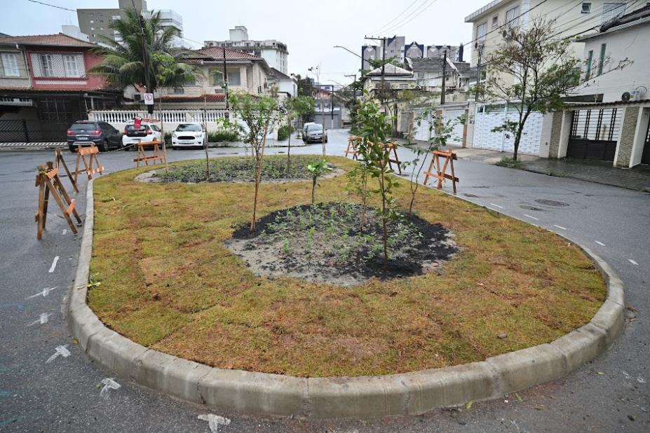 pequena praça com gramado e mudas de árvores. #paratodosverem