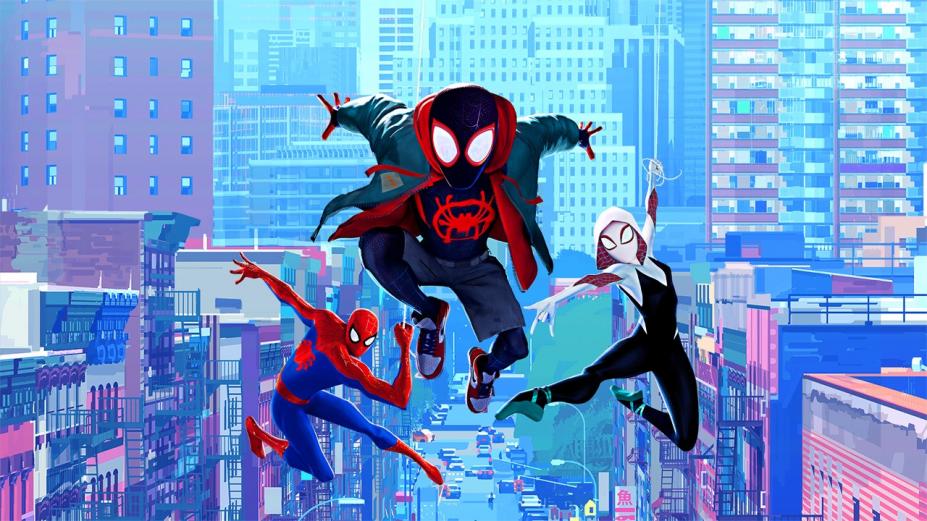 ilustração com homem aranha e dois personagens voando #paratodosverem