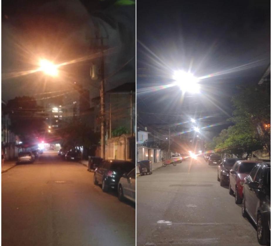 rua com iluminação amarela antiga e a branca, nova. #paratodosverem