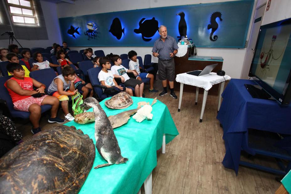 Mesa com animais marinhos taxidermizados em primeiro plano. Ao fundo, crianças estão sentadas no auditório atentas ao que um homem em pé está falando. #Pracegover