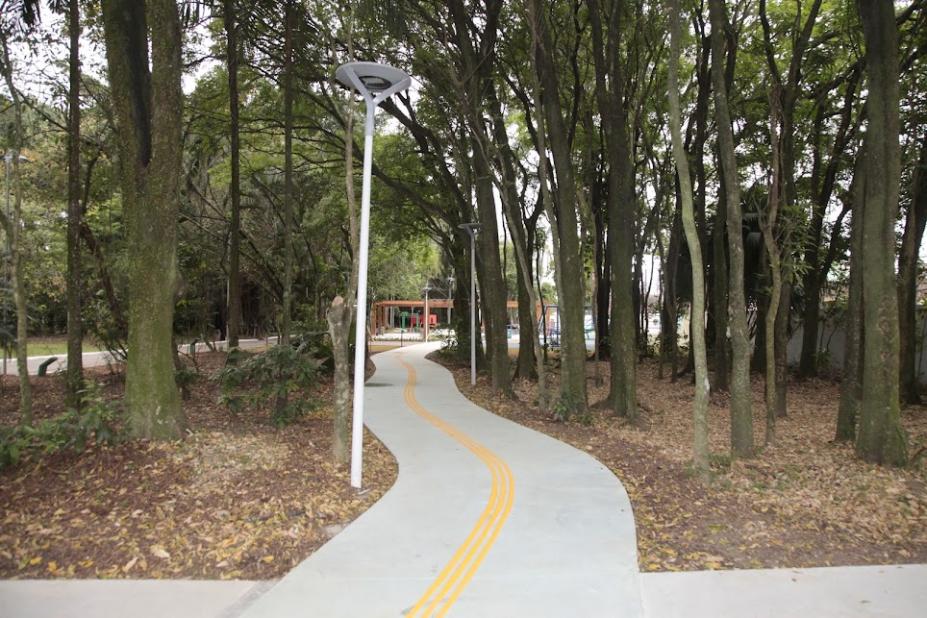 área de caminhada no parque em meio a vegetação, com várias árvores e poste de iluminação 