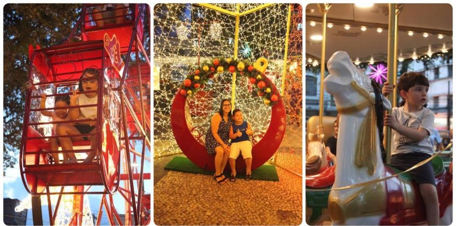 mosaico de fotos com duas crianças em roda gigante, mãe e filho em um ponto instagramável e criança em carrossel. #paratodosverem 