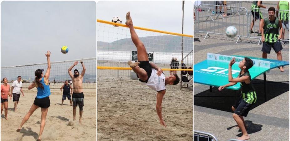 mosaico com três vôlei de praia, bola está no ar no alto da rede. Futevôlei. Homem dá toque em bola com pé, ele está no ar, praticamente de cabeça para baixo para alcançar o alto da rede. Na terceira imagem, dois garotos jogam futmesa. #paratodosverem 