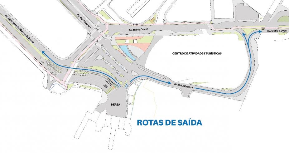 Mapa mostra as duas rotas de saída para os motoristas. #pracegover