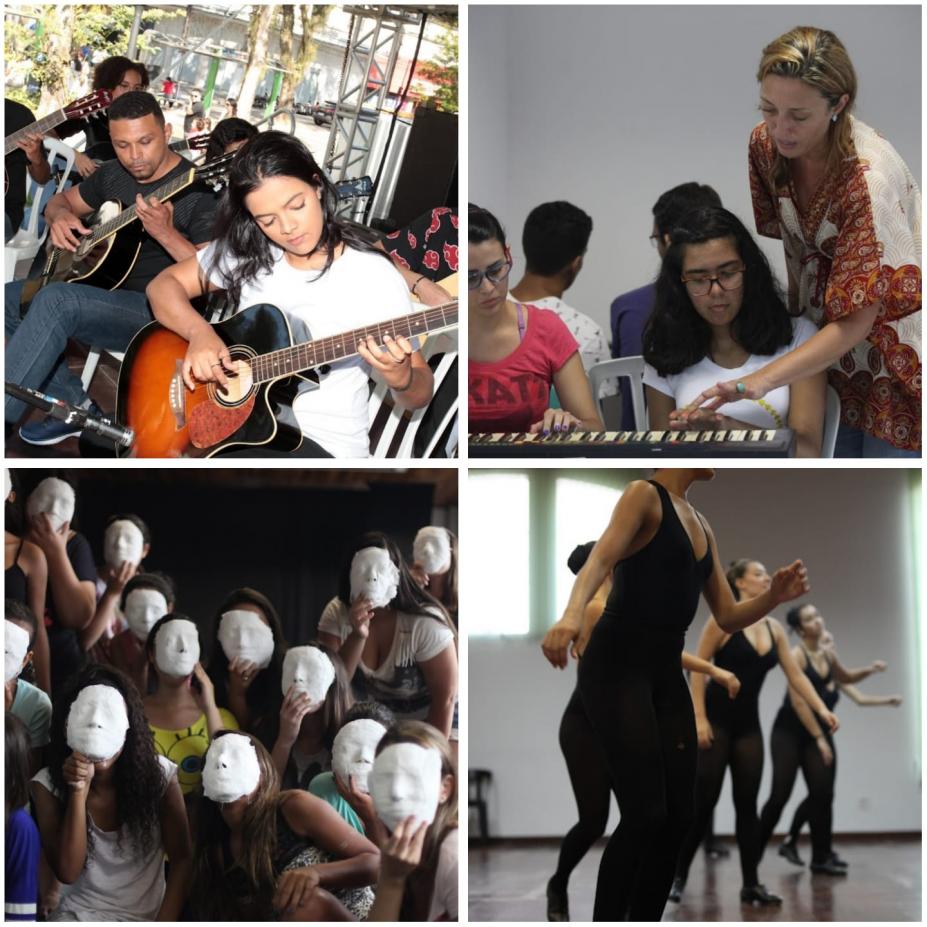 Montagem mostra pessoas tocando violão, teclado, fazendo teatro e balé #paratodosverem 