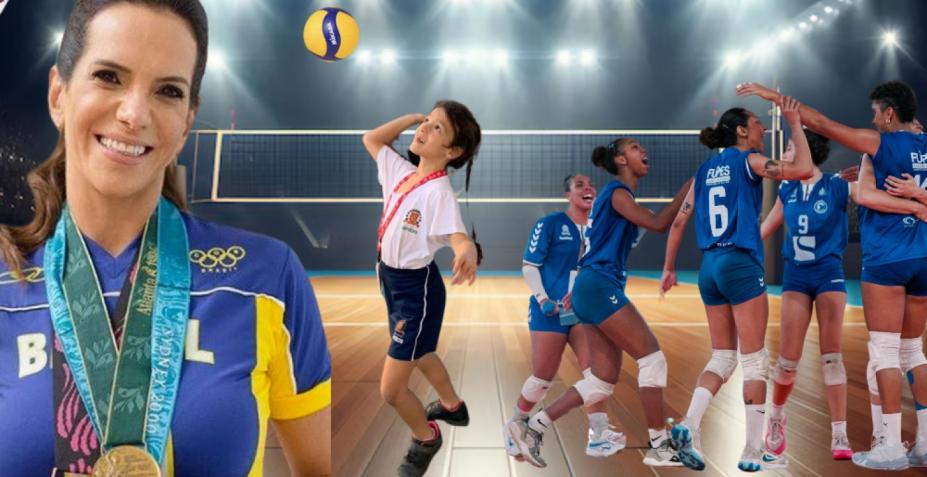 montagem de foto com virna dias e crianças jogando vôlei. #paratodosverem