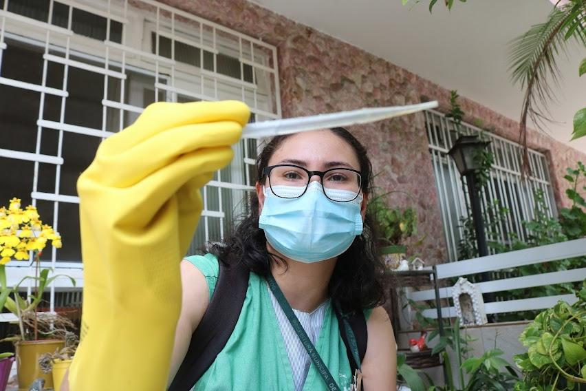 agente de saúde uniformizada e usando luva e máscara segura frasco com larvas recolhidas. Atrás se vê a frente de uma casa com plantas. #paratodosverem