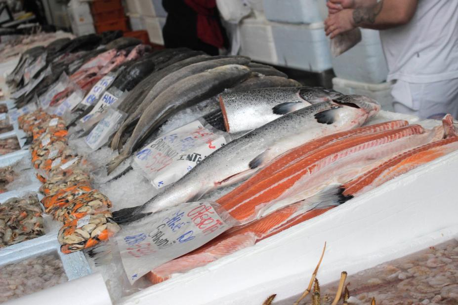 salmão exposto em box de venda. #paratodosverem