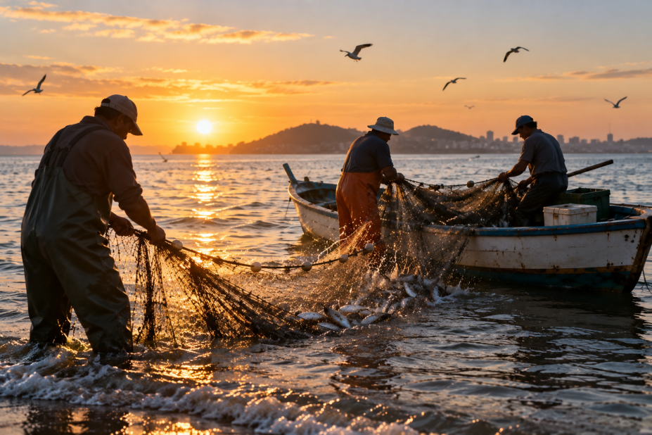 pescadores puxando uma rede #paratodosverem 