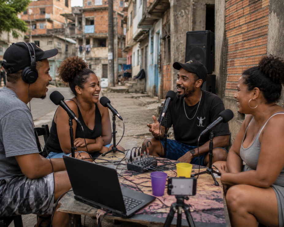pessoas fazendo podcast na rua #paratodosverem