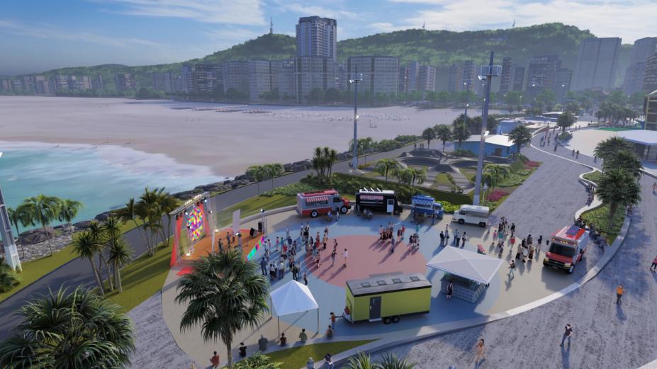 Imagem aérea ilustrativa do parque remodelado com novos espaços, entre eles para show e food trucks. #pracegover