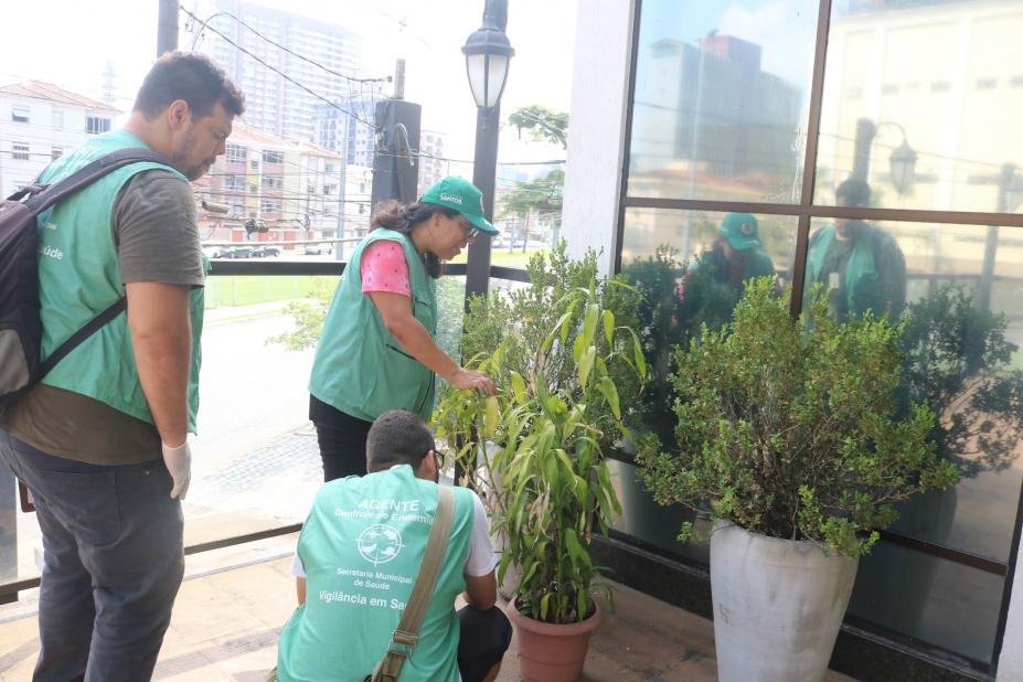 agentes de zoonoses vistoriam vaso em moradia. #paratodosverem 