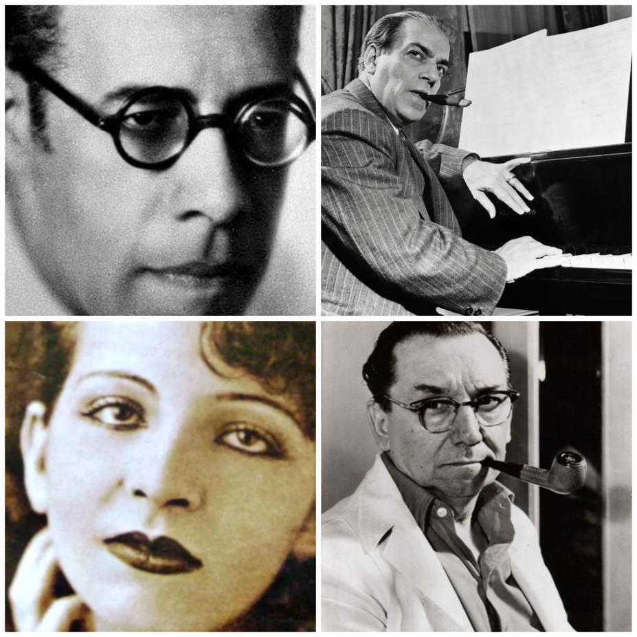 Da esquerda para a direita, do alto para baixo: Mario de Andrade, Heitor Villa-Lobos, Cândido Portinari e Patrícia Galvão