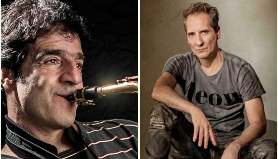 Duas fotos: Uma do George Israel tocando instrumento e na outra Kiko fazendo pose para foto. #paratodosverem