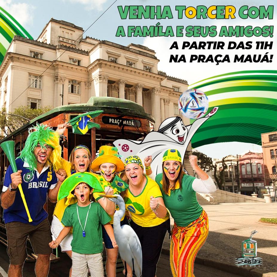 banner do evento com ilustração do paço municipal e do bonde com pessoas vestidas de verde e amarelo