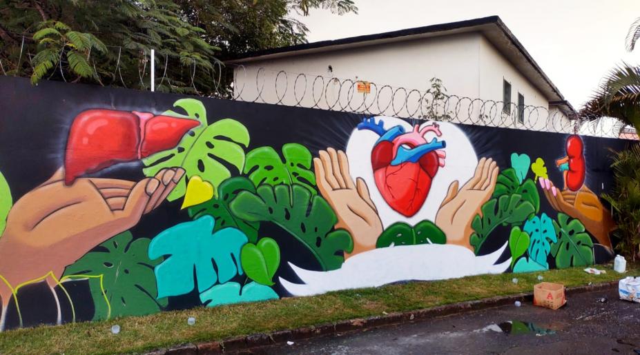 Muro com arte sobre doação de órgãos. #paratodosverem