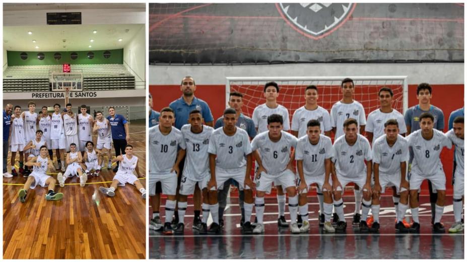 times de basquete e futsal posando na quadra #paratodosverem