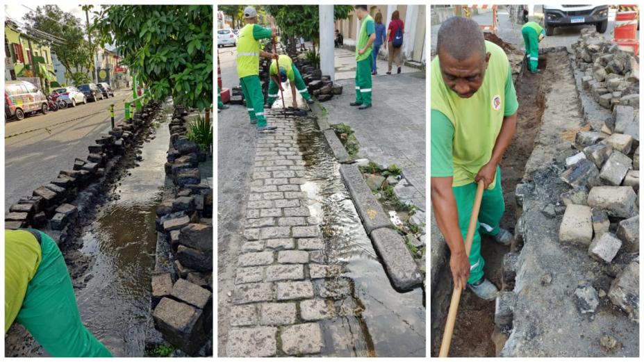 três imagens com obras nos paralelepípedos das ruas #paratodosverem