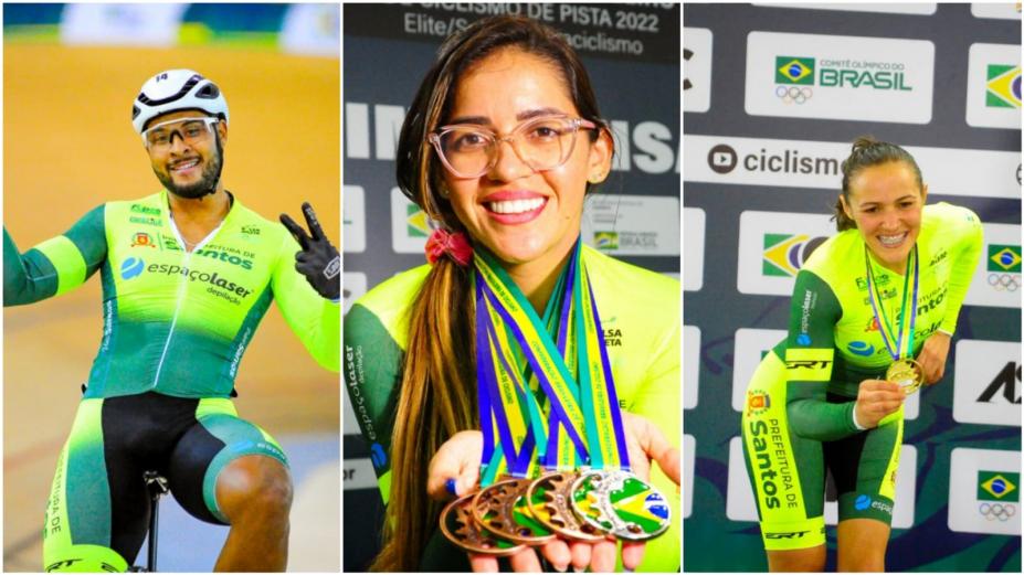 ciclista na bicicleta comemorando, mulher com várias medalhas no peito e mulher em pódio segurando medalha #paratodosverem