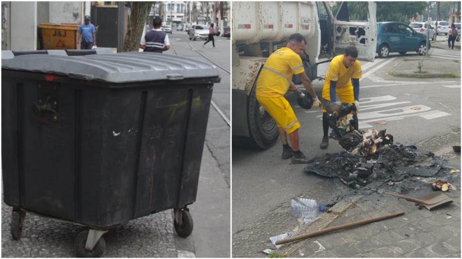 imagem do contetor e imagem de duas pessoas tirando cinzas de contentor incinerado #paratodosverem