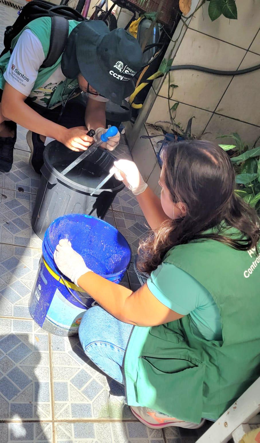 agentes vasculham recipiente de plástico que pode ter larvas. #paratodosverem