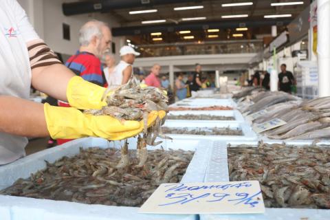 pessoas olhando camarão no mercado #paratodosverem