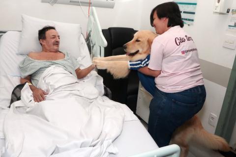 mulher pega cão no colo e o aproxima de paciente deitado #paratodosverem