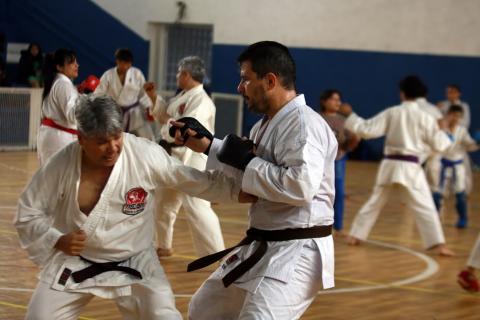 várias pessoas praticando caratê #paratodosverem