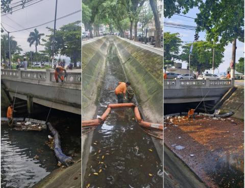 No momento, serviço é realizado no José Menino e Embaré - fotos: divulgação três lances de limpeza de barreiras em canais. #paratodosverem