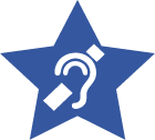 Desenho estilizado, na cor branca, de orelha, simbolizando surdos, dentro de uma estrela azul escura, em fundo azul claro.
