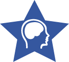 Desenho estilizado, na cor branca, de um crânio humano e o cérebro em destaque, dentro de uma estrela azul escura, em fundo azul claro. 