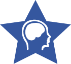 Desenho estilizado, na cor branca, de um crânio humano e o cérebro em destaque, dentro de uma estrela azul escura, em fundo azul claro.