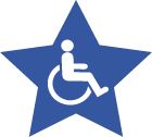 Desenho estilizado, na cor branca, de cadeirante, dentro de uma estrela azul escura, em fundo azul claro.