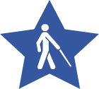 Desenho estilizado, na cor branca, de cego em pé e bengala à frente do corpo, dentro de uma estrela azul escura, em fundo azul claro.