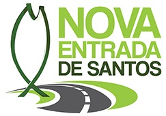 Desenho da escultura do peixe da entrada de Santos ao lado de uma estrada e no alto a direita e inscrição nova entrada de santos em verde